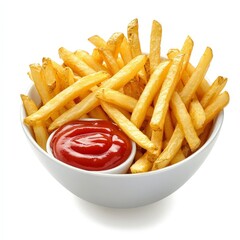 Golden French Fries with Ketchup in a White Bowl