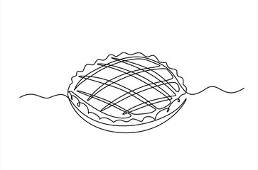 Single continuous line drawing of stylized delicious apple pie for cake logo art label. Pastry shop concept. Modern one line draw design vector graphic illustration cake food service. Editable stroke.