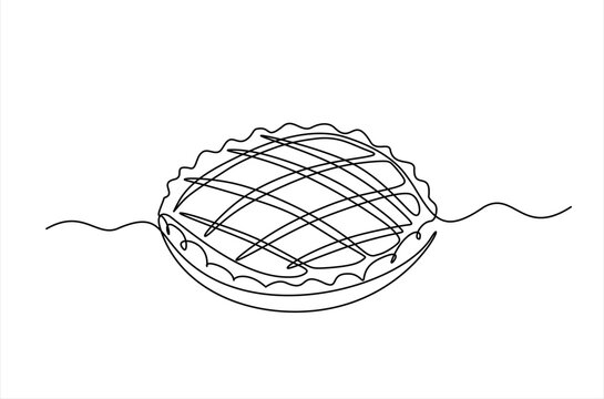 Single continuous line drawing of stylized delicious apple pie for cake logo art label. Pastry shop concept. Modern one line draw design vector graphic illustration cake food service. Editable stroke.