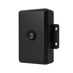Obraz premium Modern black rectangular electronic module designed for sensing, featuring a lens and mounting bracket.