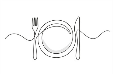 One continuous line plate, knife and fork. Vector illustration. Editable stroke.