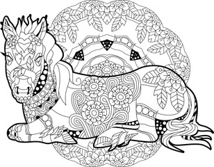 Zentangle lying horse. Hand drawn decorative vector illustration for coloring.