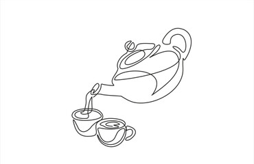 Continuous one single line drawing of teapot with tea and cup. Hand drawn linear silhouette icon. Teapot and tea cup vector one line continuous drawing. Minimal outline design. Editable stroke.