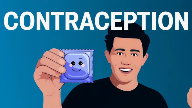 Man shows contraceptive. Guy holds condom with smiling face packing in hand. Safe sex and sexually transmitted disease prevention for healthcare promotion materials.