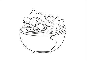 Single continuous line drawing of stylized vegetables salad on bowl logo label. Healthy food restaurant concept. Modern one line draw design vector illustration for cafe, shop or food delivery service