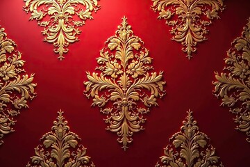 Intricate floral damask pattern in elegant gold on deep red background, style, ombre