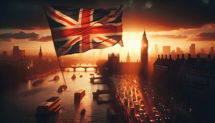 Cinematic United Kingdom flag flying at sunset over London skyline