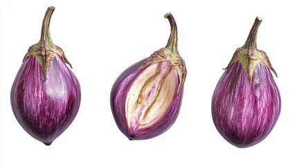 Set of three purple eggplants isolated on a white background