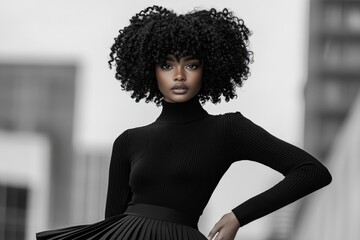 A Black woman with natural curls confidently posing in a fashion editorial shoot, stylish attire