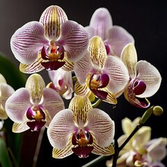 A sophisticated display of orchids illuminated by gentle, diffused light. The intricate details of each bloom exude elegance and refinement.