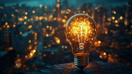 Glowing lightbulb on city rooftop, night view. Idea concept