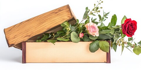 White backdrop showcasing love message and flower box.