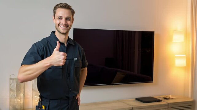 Smiling technician in blue uniform confidently gives thumbs up after successfully mounting TV on the wall. Tech provider in clean and modern home, professionalism and trust in technician services
