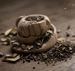 Macro shot of a small pile of tea leaves on a polished wooden surface, showcasing intricate details. Generative AI