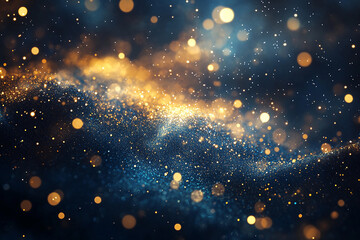 Fototapeta premium Gold dust and sparkling particles ascend against a dark blue backdrop