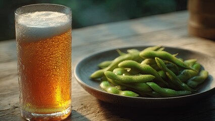 Chilled beer and edamame on a wooden table
