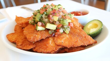Crispy fried fish topped with vibrant salsa and avocado.