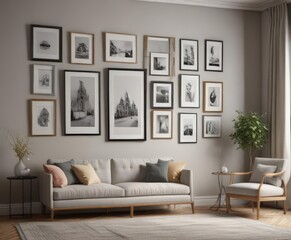 Stylish gallery wall mockup with assorted frames of varying sizes and colors, showcasing a sophisticated home decor arrangement ,  colors,  collection,  collage