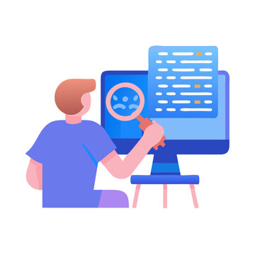 Minimalist Blue & Pink Linear Icon &ndash; Programmer Debugging Code on White Background*  