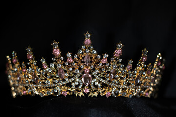 Royal crown for queen and princess, beauty contest. Morganite gemstones