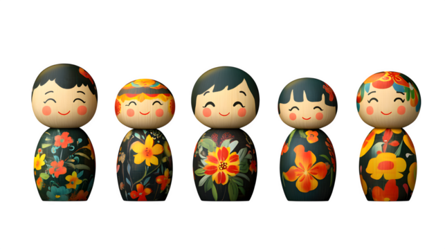A wooden kokeshi doll set, colorful hand-painted floral patterns, smiling faces, isolated on transparent background
