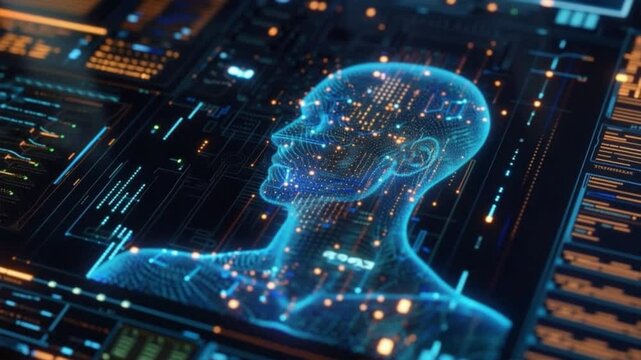 A futuristic holographic representation of a human head, surrounded by intricate digital interfaces and data streams.