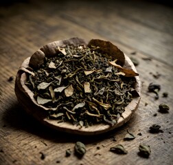 Macro shot of a small pile of tea leaves on a polished wooden surface, showcasing intricate details. Generative AI