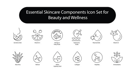 Essential Skincare Components Icon Set for Beauty and Wellness.