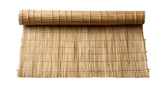 A bamboo sushi rolling mat (makisu) neatly rolled, isolated on transparent background