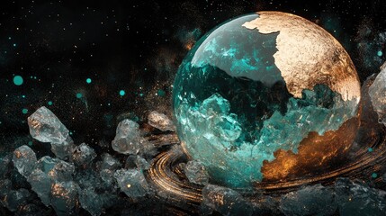 A dreamy 3D render of a cracked ice and frost planet with soft glowing surface textures,