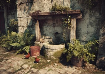 Obraz premium A worn stone well sits in the village square, complemented by coiled ropes and chickens exploring the dusty ground