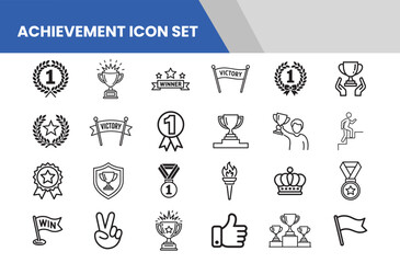 Victory and Achievement Line Icons – Vector Outline Set of Trophy, Medal, Winner Podium, Laurel Wreath, Crown, and Celebration Symbols