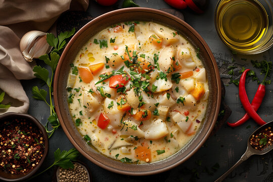 bermuda fish chowder soup, top view