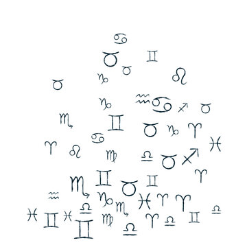 Black zodiac symbols vector scatter of hand painted astrology signs. Aries, Taurus, Gemini, Cancer, Leo, Virgo, Libra, Scorpio, Sagittarius, Capricorn, Aquarius, Pisces icons isolated on white