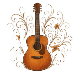 Elegant acoustic guitar illustration adorned with intricate sepia botanical scrollwork and delicate blooms.