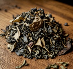 Macro shot of a small pile of tea leaves on a polished wooden surface, showcasing intricate details. Generative AI