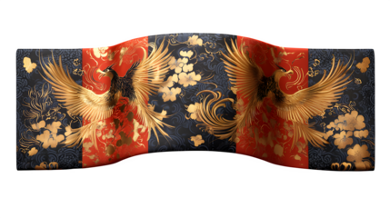 A colorful Japanese obi belt, silk material with gold embroidery of phoenixes, luxurious sheen, realistic fabric texture, isolated on transparent background
