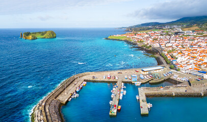 Panoramic Aerial View of Vila Franca do Campo Harbor and Town, S&atilde;o Miguel Island, Azores