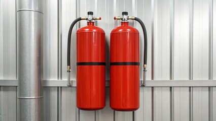 Two red fire suppression cylinders mounted on industrial wall system