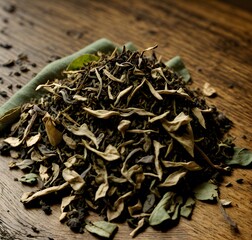 Macro shot of a small pile of tea leaves on a polished wooden surface, showcasing intricate details. Generative AI