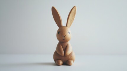 Obraz premium A tiny wooden rabbit sitting upright with long ears on a white background