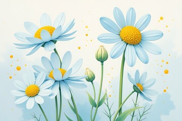 Obraz premium Pastel Daisies with Yellow Centers and Buds, Delicate Composition, Light and Airy Visuals, Ideal for Backgrounds or Wall Art 