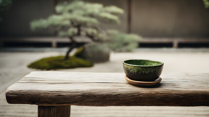 Serene Matcha Bowl on Wooden Bench in Japanese Garden Setting with Rustic Aesthetic