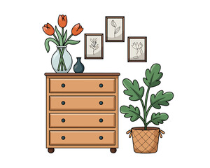Bohemian Dresser with Flowers, Plants, and Framed Art Illustration