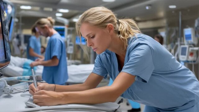 Compassionate Care: A dedicated nurse meticulously documents patient information in a modern, well-equipped hospital setting. Focusing on empathy, hard work, and healing in healthcare.