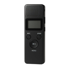 Compact black digital voice recorder for portable audio capture, lectures, interviews, and important notes.