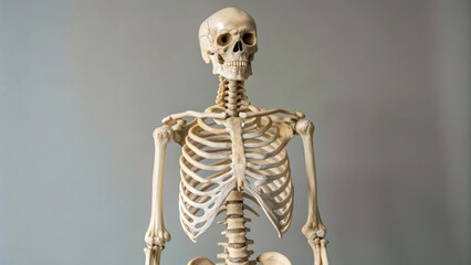 Anatomical skeleton model showing rib cage skull and spinal column on gray background