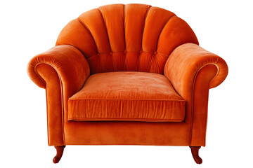 an orange chair with wooden legs
