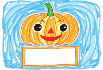 Happy Jack-o'-Lantern Drawing with Smiling Face on Blue Background  