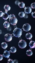 Detailed rendering of translucent molecules with a focus on spherical shapes and intricate connections in a dark background